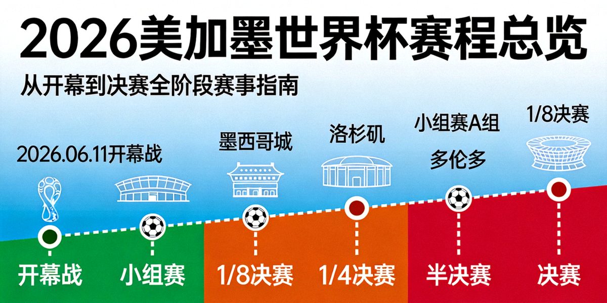 2026美加墨世界杯赛程总览示意图，展示从开幕到决赛的全部比赛阶段