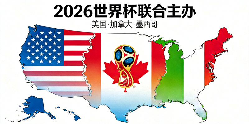 美国、加拿大、墨西哥三国地图与世界杯标志结合，象征联合主办